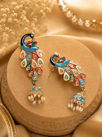 PANASH Gold- Plated Artificial Stones Studded And Beaded Peacock Shaped Drop Earrings