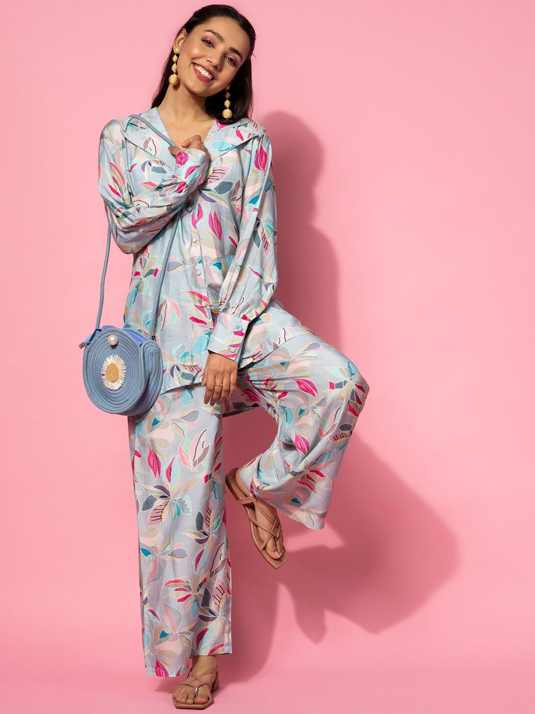 Libas Floral Printed Longline A-Line Shirt & Palazzo Set