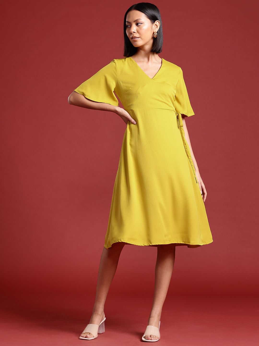 all about you Flutter Sleeves A-Line Knee Length Wrap Dress