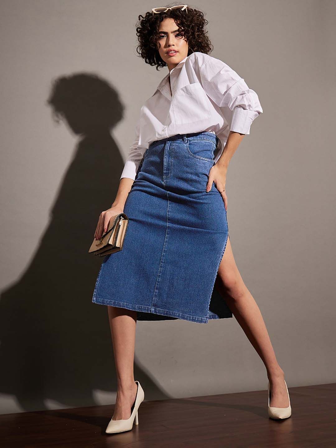 SASSAFRAS Blue Side Slit A-Line Midi Skirt