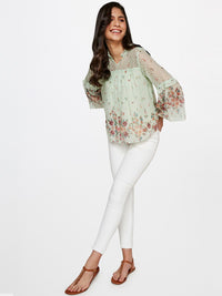 AND Women Sea Green & Maroon Floral Printed V-Neck Top