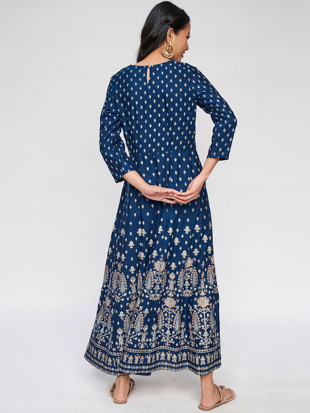 Global Desi Navy Blue & Golden Ethnic Motifs Ethnic Maxi Dress