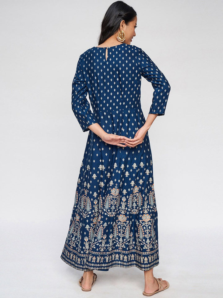Global Desi Navy Blue & Golden Ethnic Motifs Ethnic Maxi Dress