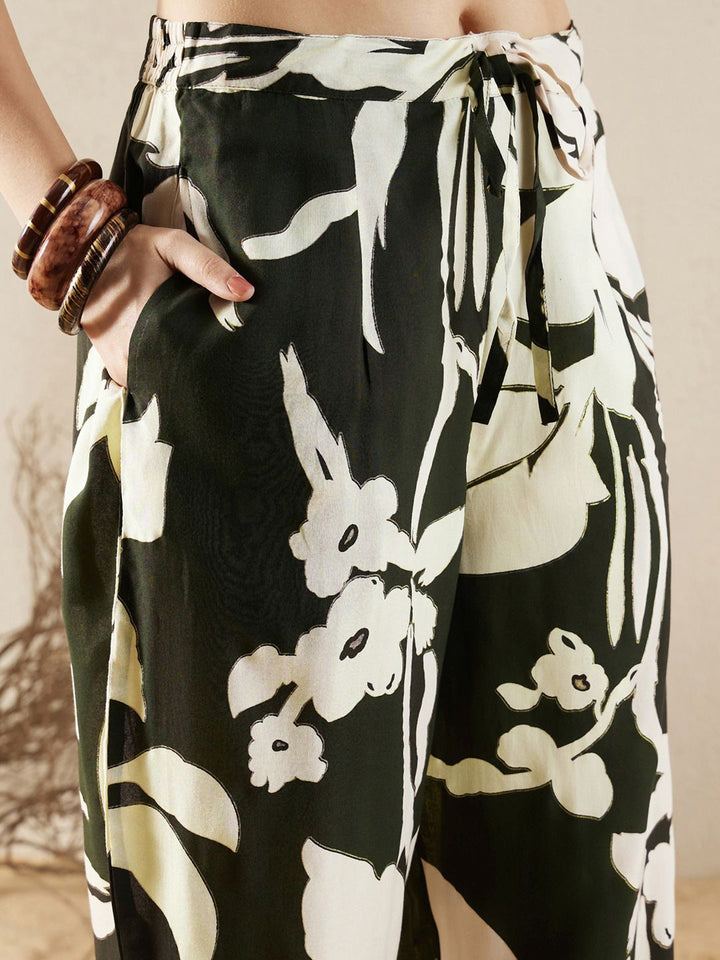 Indo Era Floral Printed Sequinned Shirt Collar Straight Kurta with Trousers