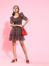 Antheaa Women Stylish Black Floral Dress