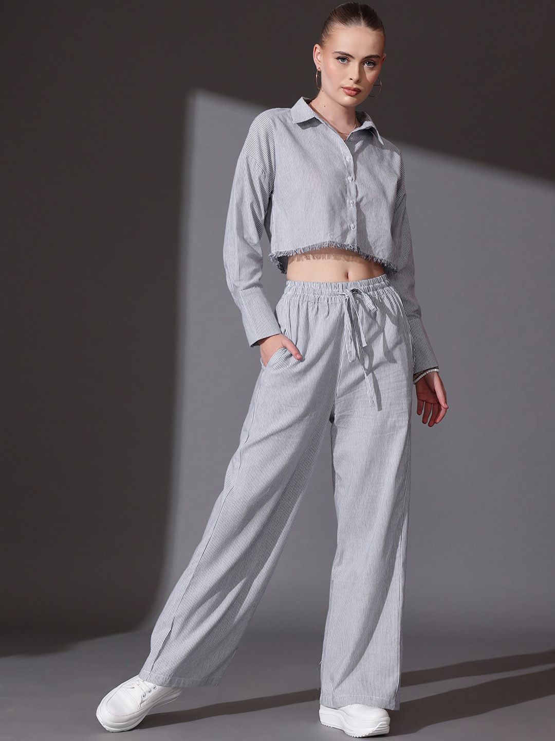 STREET 9 Striped Pure Cotton striped Shirt With Flared Palazzos Co-Ords
