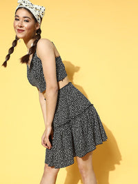Berrylush Women Black & White Ditsy Floral Print Co-Ord Set