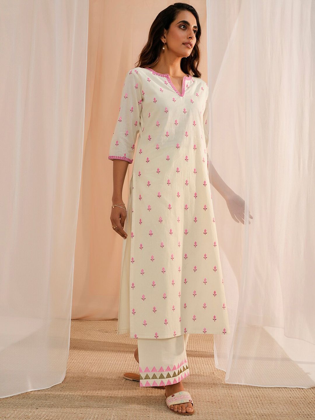 Libas Floral Embroidered Thread Work Pure Cotton Kurta With Palazzos & Dupatta