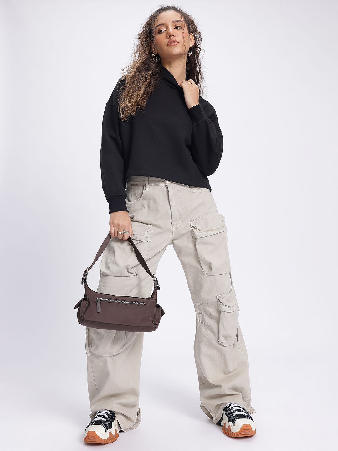 DressBerry Urban Edge High Neck Drop-Shoulder Crop Sweatshirt