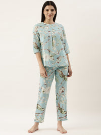 SANSKRUTIHOMES Women Sea Green Pure Cotton Floral Print Pyjama Set