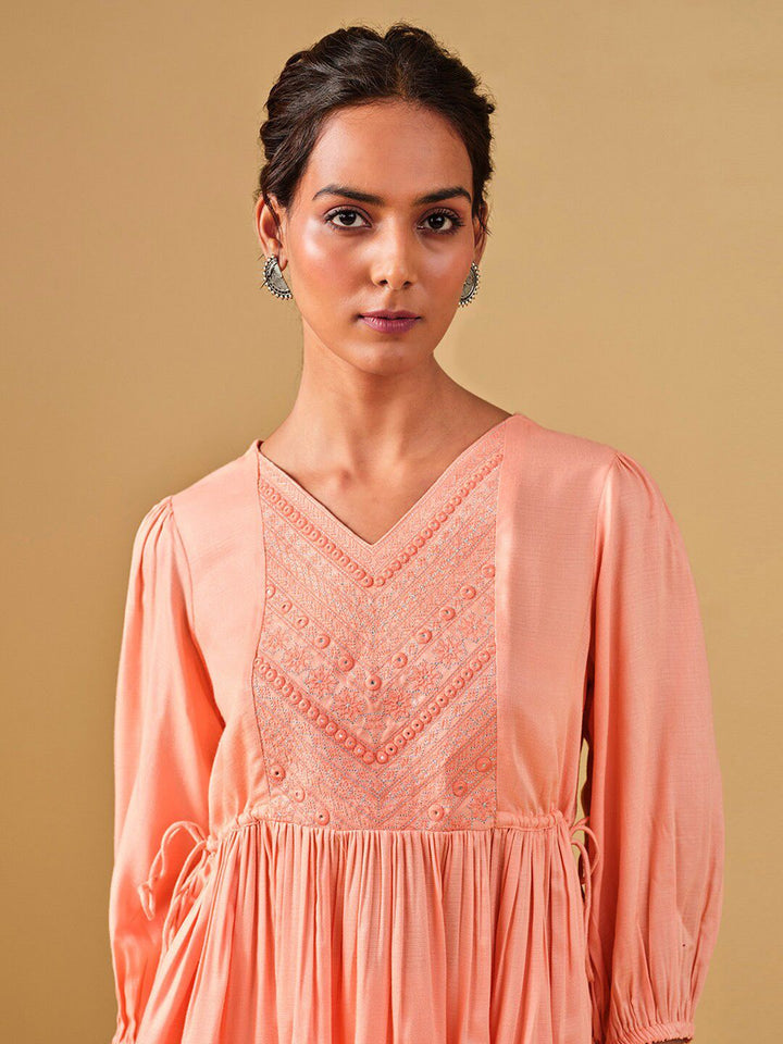 Global Desi Embroidered Puff Sleeves Gathered Top