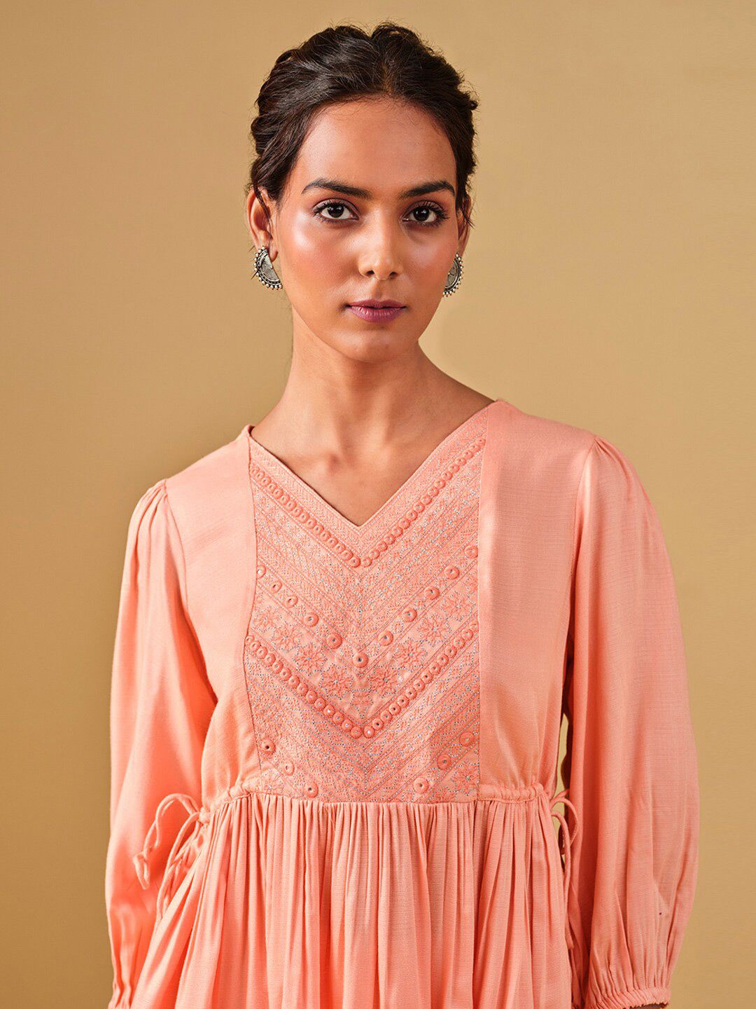 Global Desi Embroidered Puff Sleeves Gathered Top