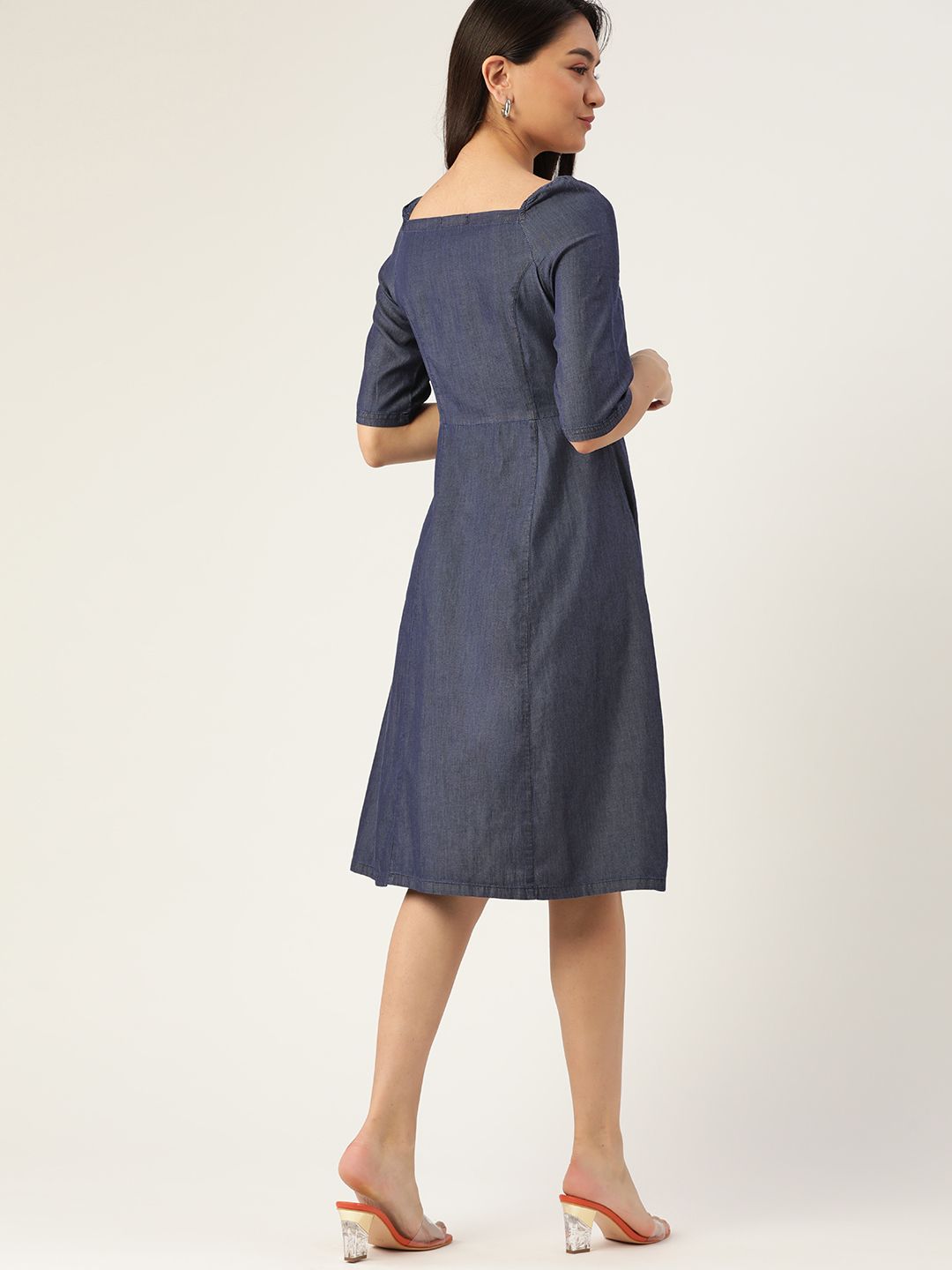 DressBerry Navy Blue Pure Cotton Chambray A-Line Dress