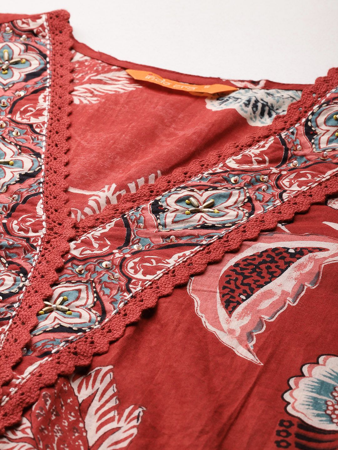 Indo Era Floral Printed Sequinned Pure Cotton Kurta With Trousers & Dupatta
