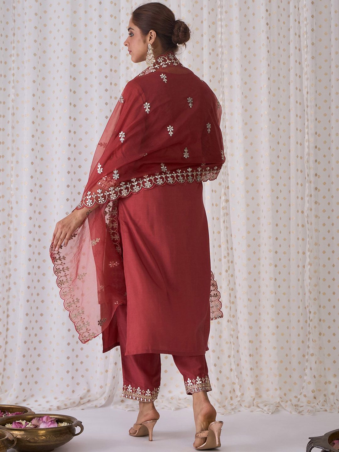 Indo Era Ethnic Motifs Embroidered Notched Neck Straight Kurta with Trousers &  Dupatta