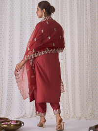Indo Era Ethnic Motifs Embroidered Notched Neck Straight Kurta with Trousers &  Dupatta
