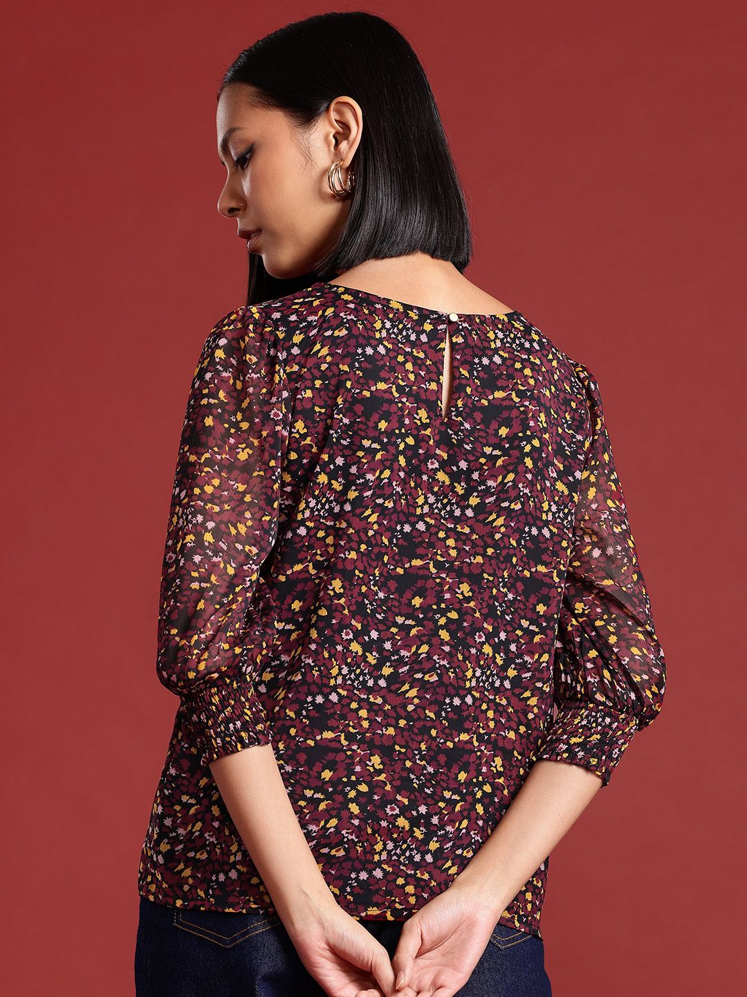 all about you Micro Print Puff Sleeves Top
