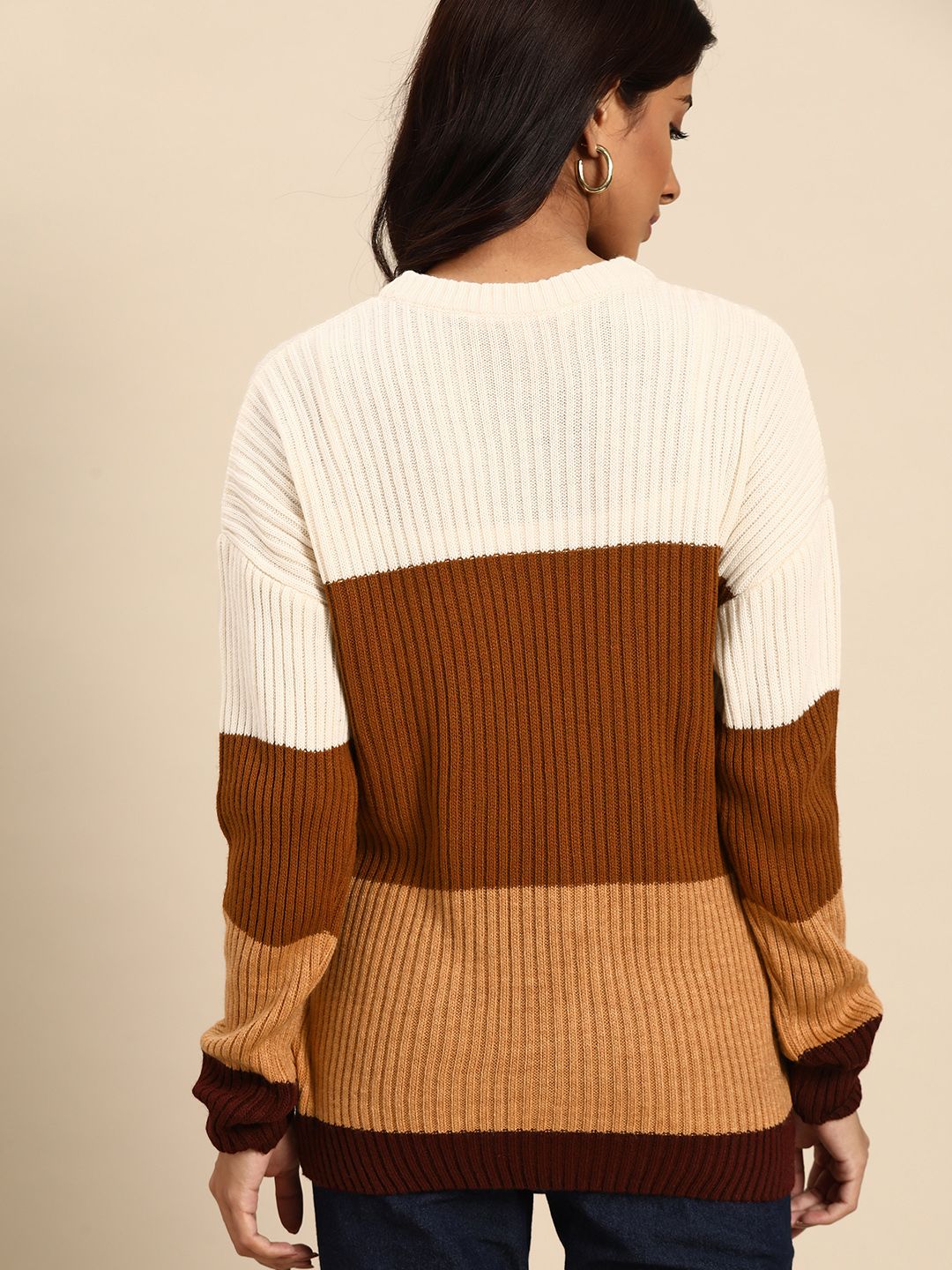 all about you Women Brown & Beige Colourblocked Pullover Sweater