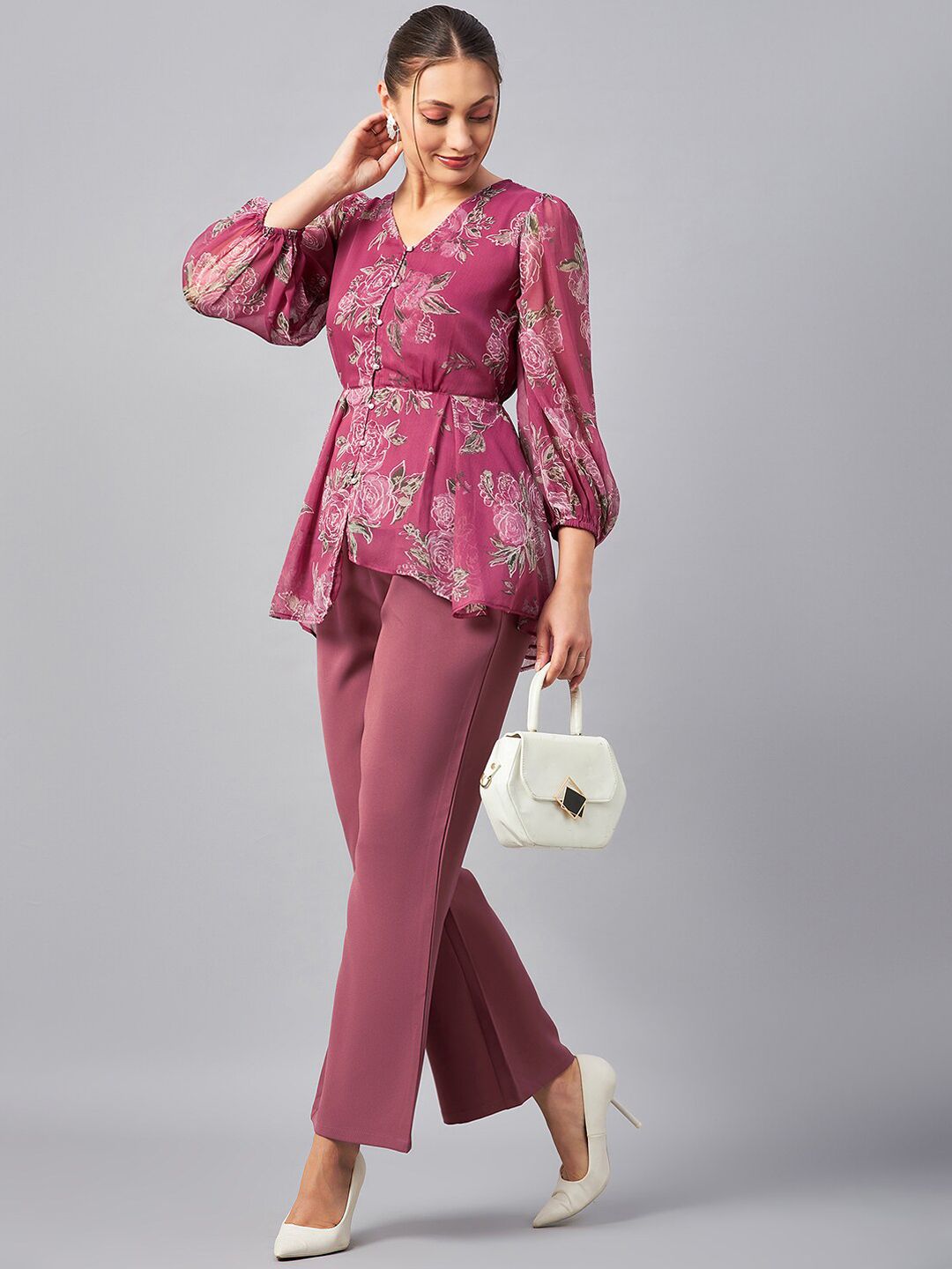 Antheaa Floral Printed V-Neck Tunic With Trousers