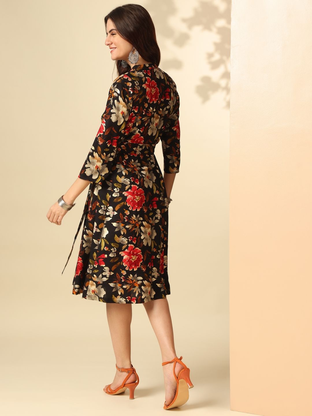 Anouk Brown Floral Printed Mandarin Collar Shirt Dress