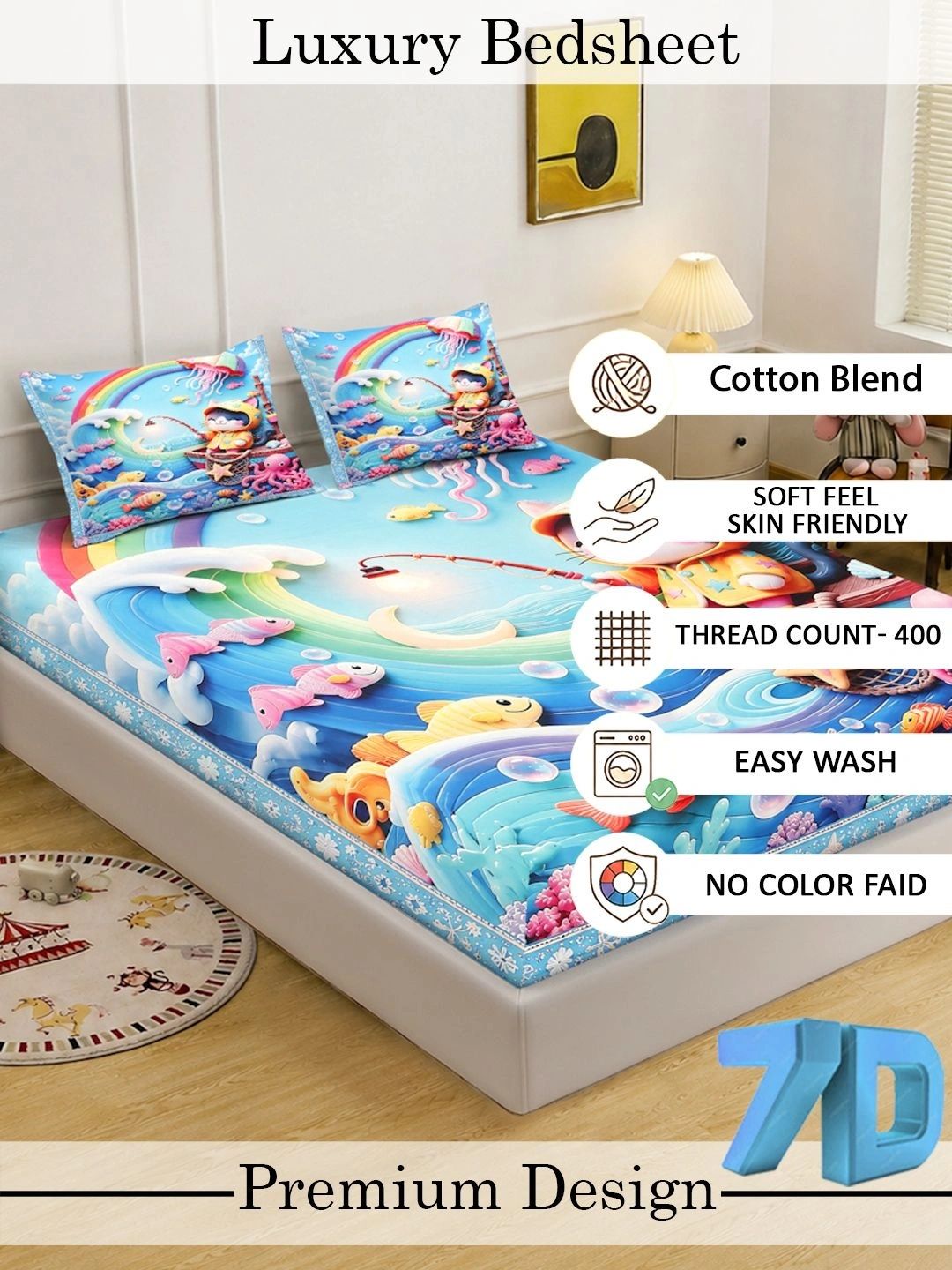 Moda Rapido X KLOTTHE Blue & White Cartoon Characters 400 TC Bedsheet with 2 Pillow Covers