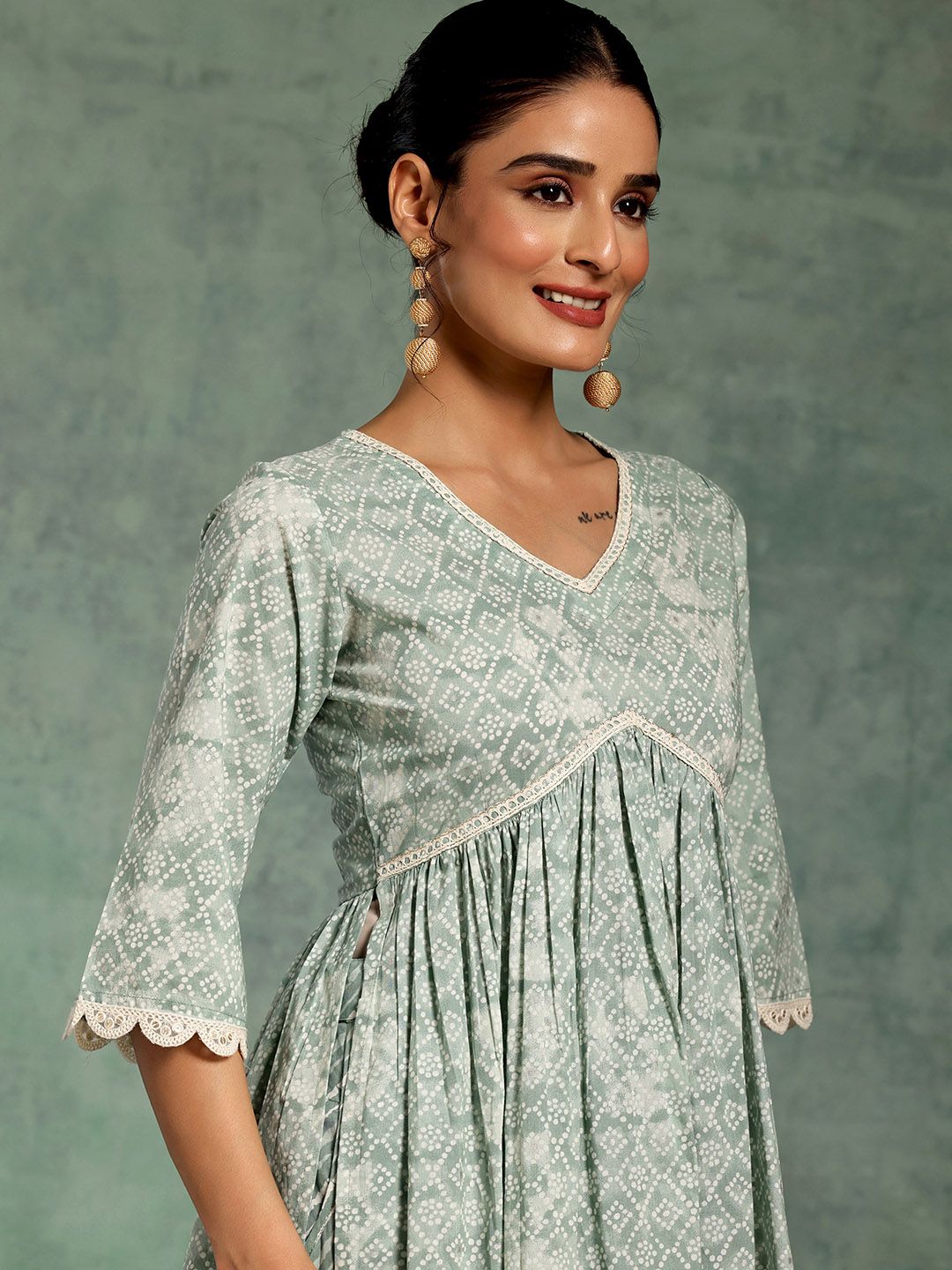 Libas Bandhani Printed V-Neck Pleated Pure Cotton A-Line Kurta with Palazzos & Dupatta