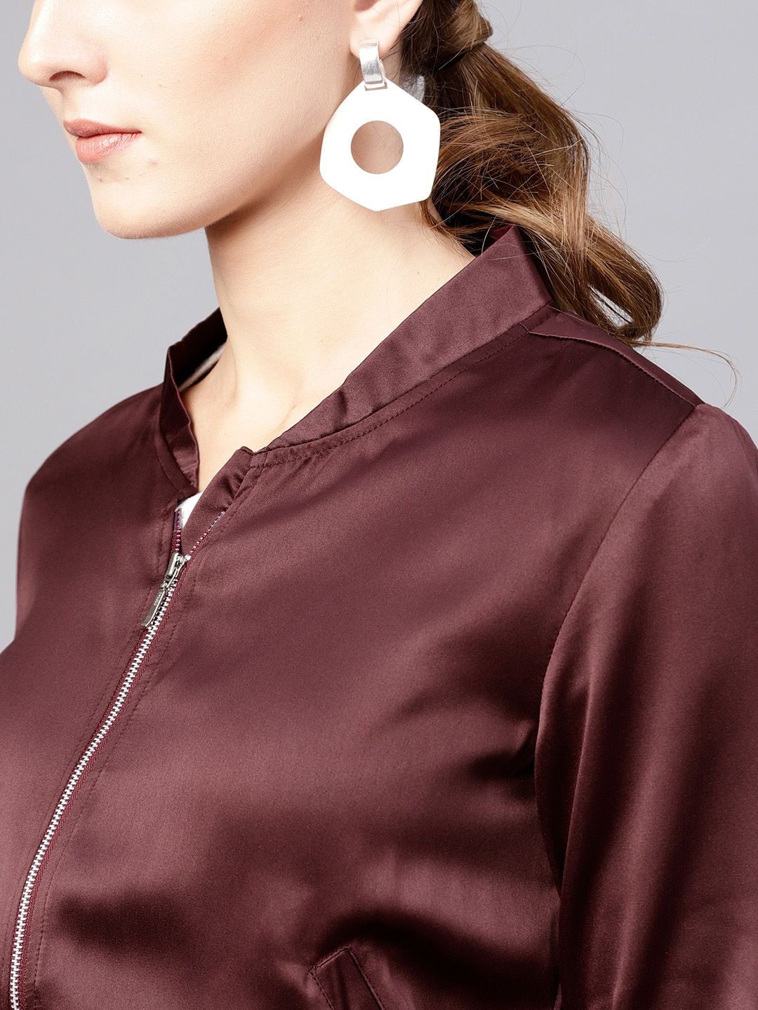 STREET 9 Women Burgundy Solid Satin Cropped Bomber Jacket