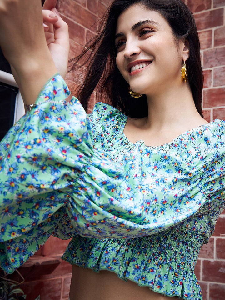 Berrylush Green Floral Printed Smocked Trumpet Sleeve Crop Top