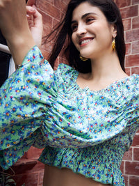 Berrylush Green Floral Printed Smocked Trumpet Sleeve Crop Top