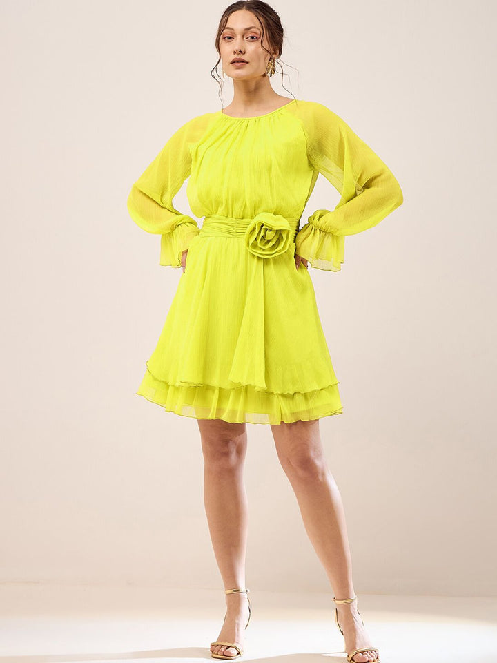 Antheaa Lime Green Cuff Sleeve Chiffon Fit & Flare Dress