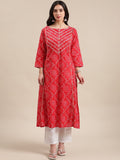 Varanga Women Red Geometric Printed Gotta Patti A-Line Cotton  Kurta