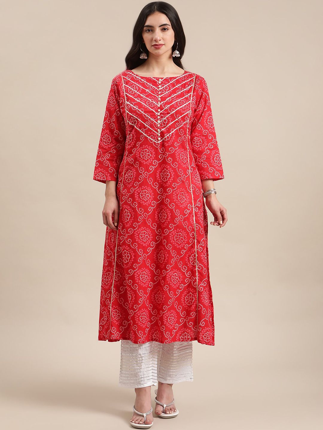 Varanga Women Red Geometric Printed Gotta Patti A-Line Cotton  Kurta