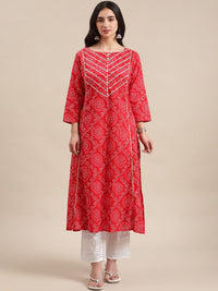 Varanga Women Red Geometric Printed Gotta Patti A-Line Cotton  Kurta