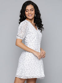 SASSAFRAS Women White & Black Floral Lace A-Line Dress