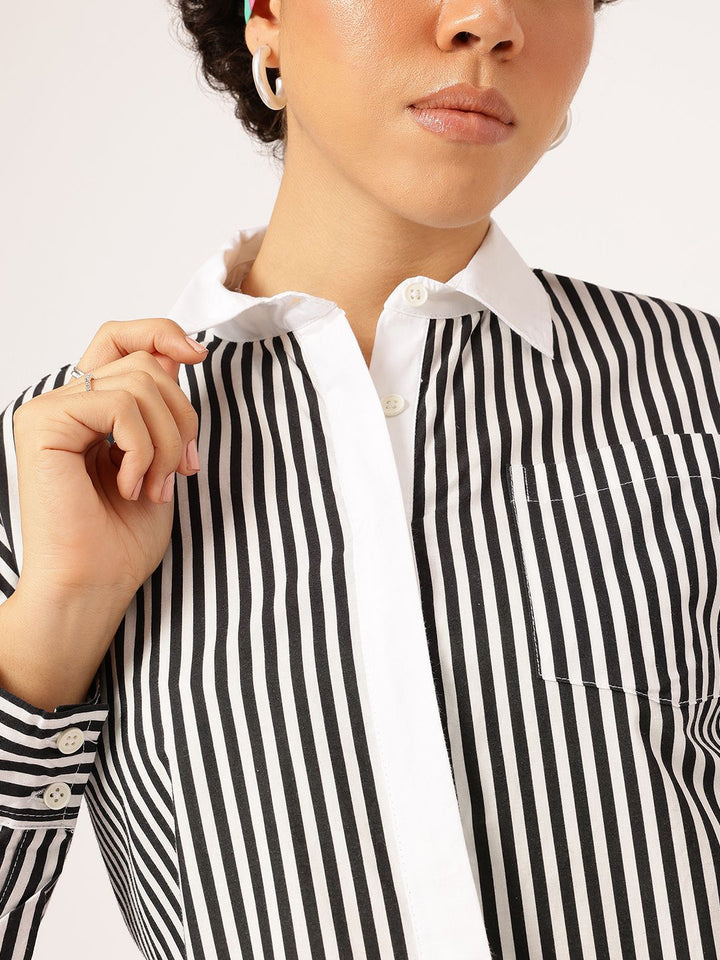 DressBerry Monochrome Stripes Contrast Placket Crop Shirt