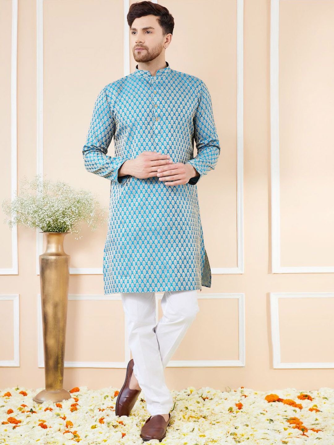 See Designs Ethnic Motifs Woven Design Mandarin Collar Straight Kurta With Pyjamas