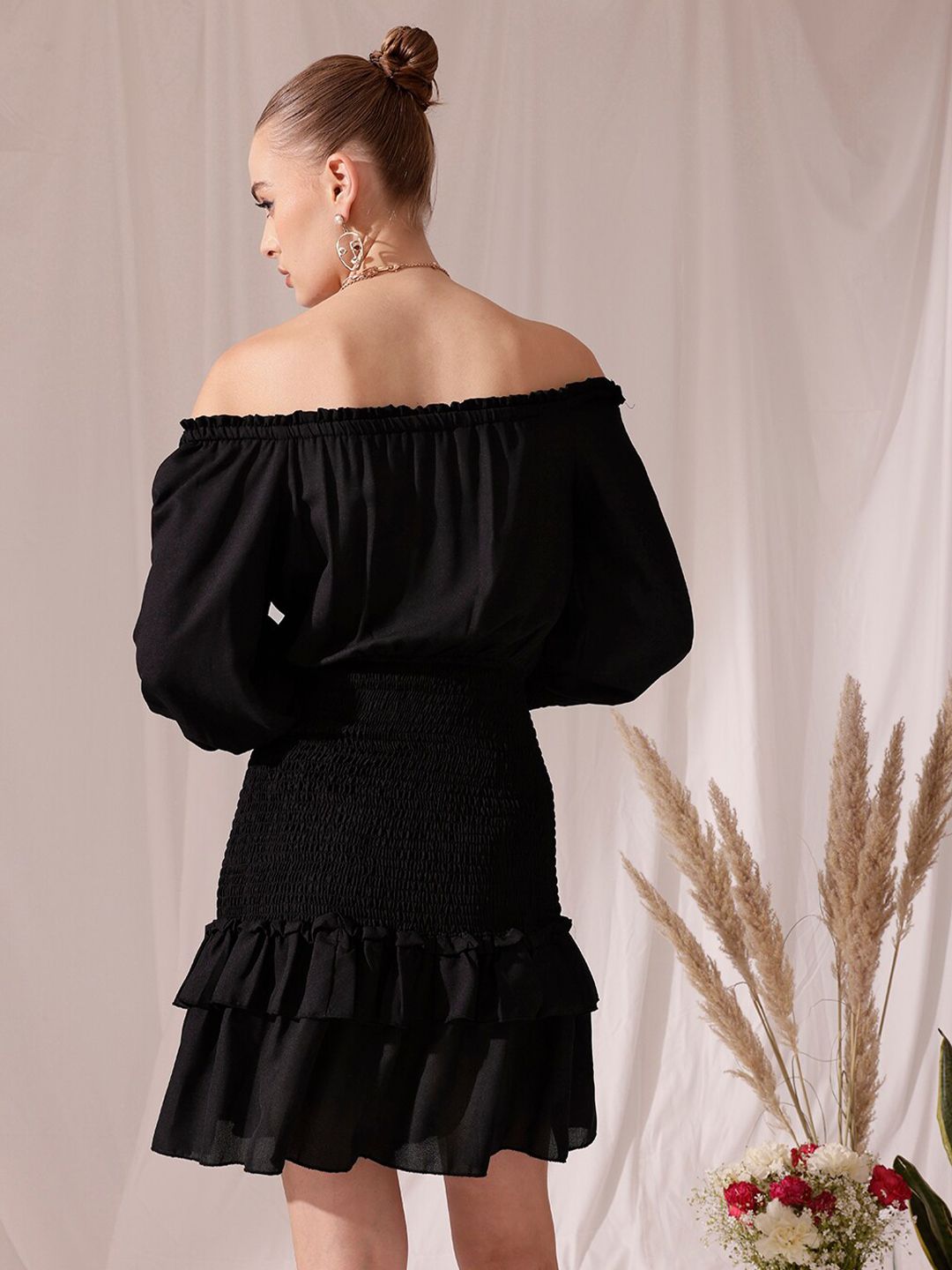 STREET 9 Off-Shoulder Smocked Georgette Layered A-Line Dress