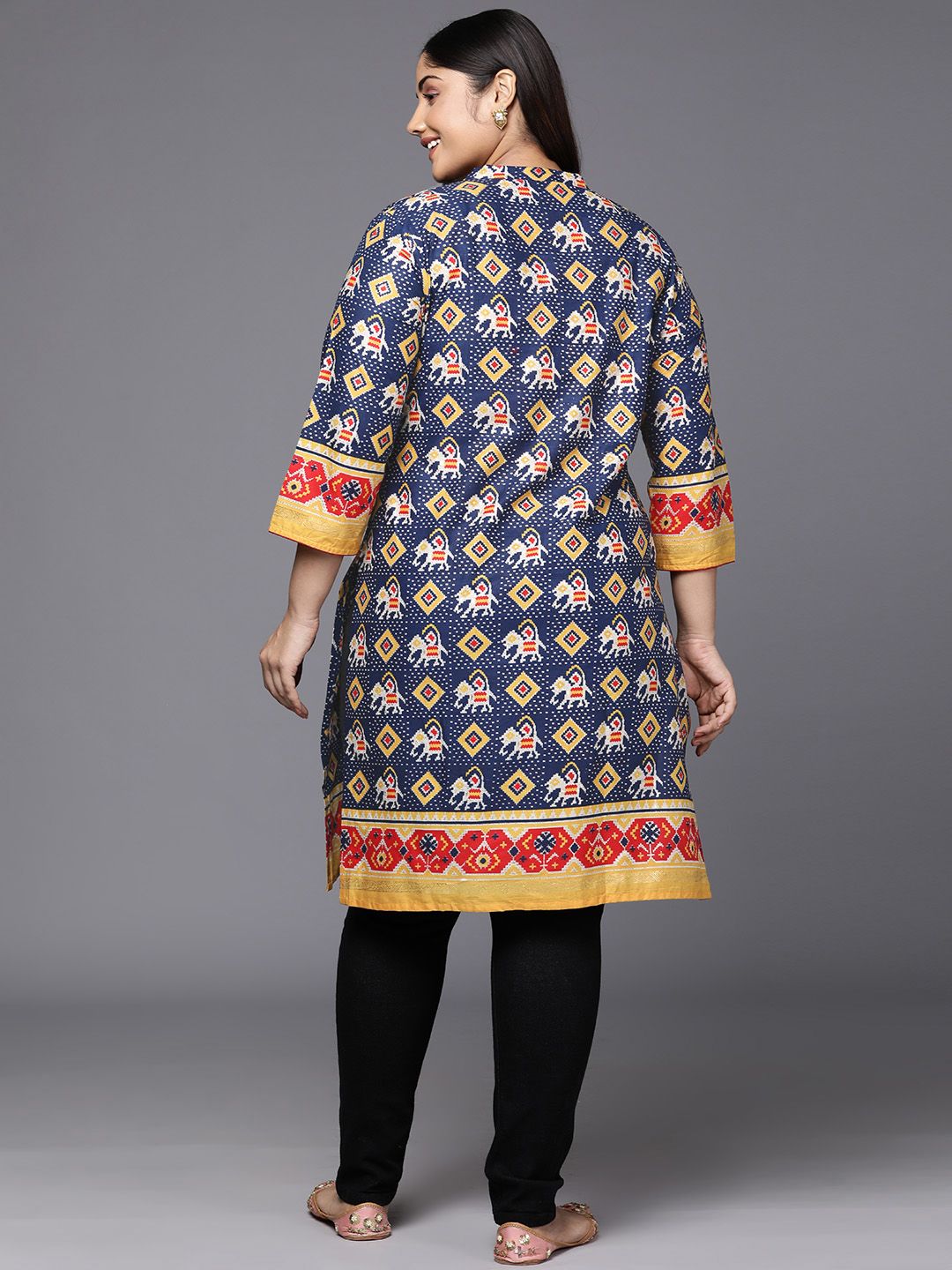 Indo Era Plus Size Geometric Foil Printed Block Print Kurta