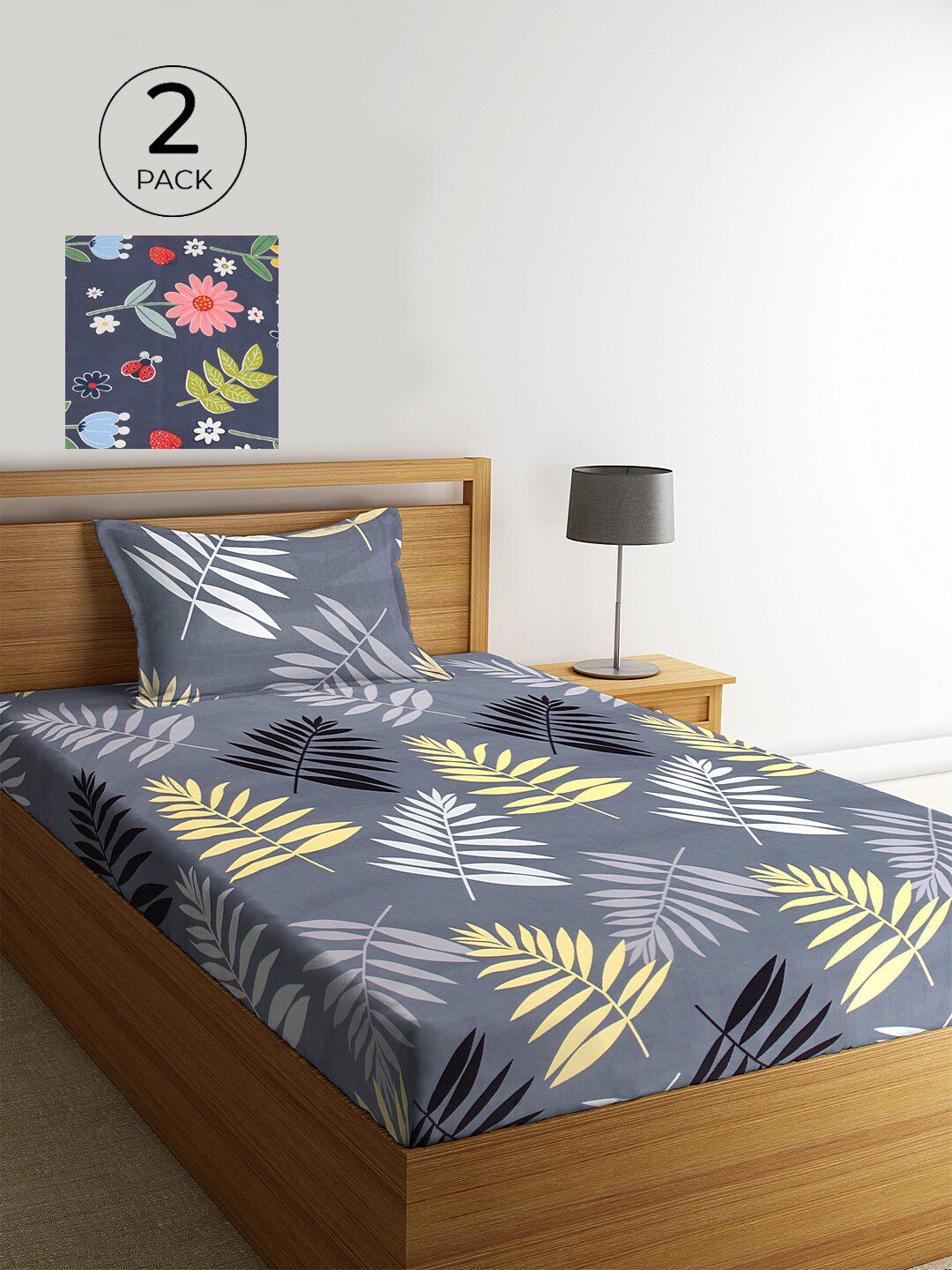 KLOTTHE Policotton Daun Berbilang Warna 210 TC Single Halus 2 Cadar dengan 2 Sarung Bantal-220 x 150 cm