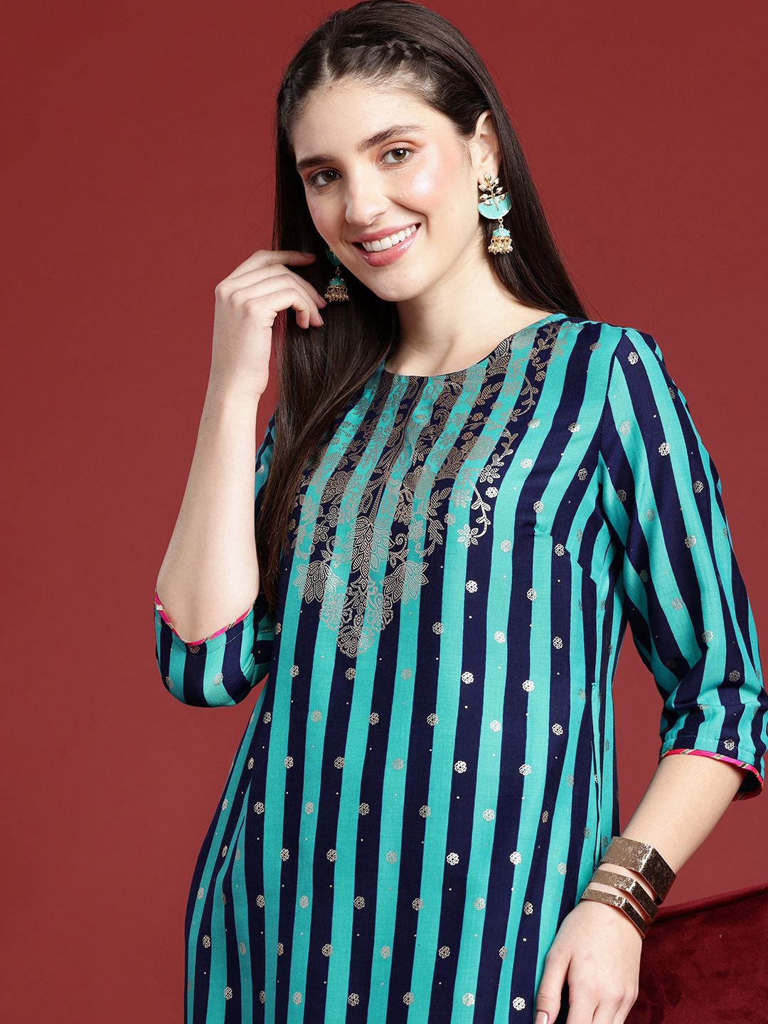 Anouk Striped Kurta with Palazzos & Dupatta