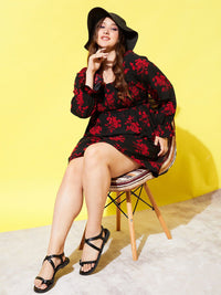 Berrylush Curve Black Floral Printed Smocked Fit & Flare Dress
