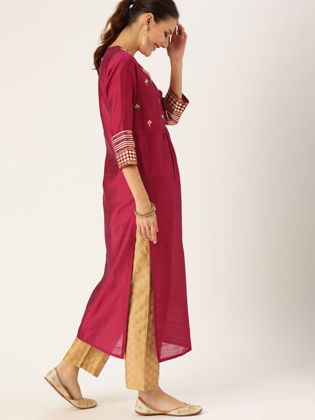 Varanga Women Magenta Pink & Gold-Coloured Embroidered Kurta with Trousers & Dupatta