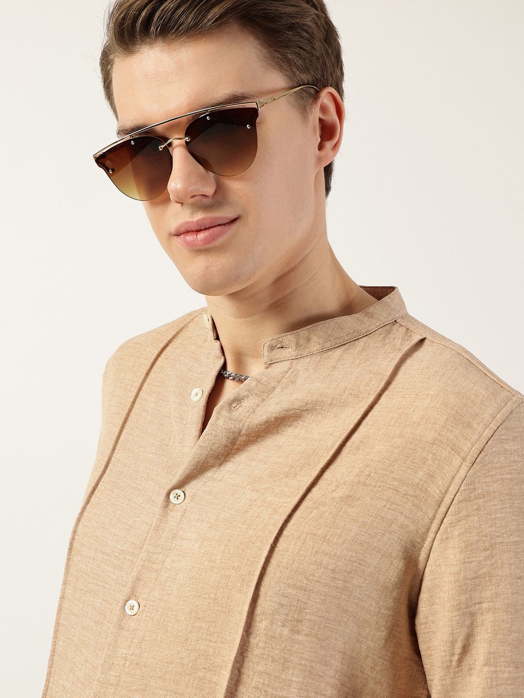 Thomas Scott Men Premium Mandarin Collar Textured Solid Slim Fit Casual Shirt