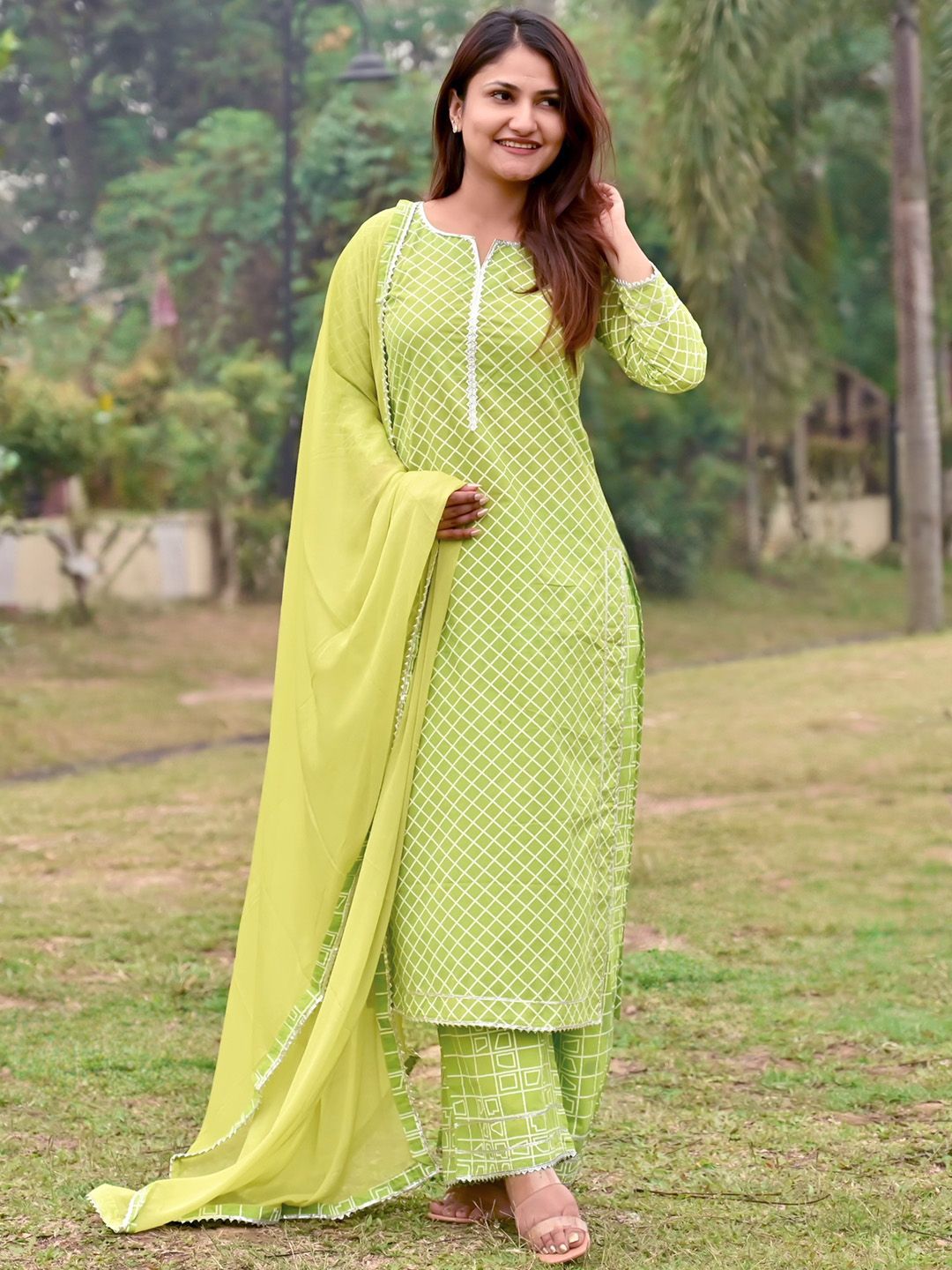 Libas Women Green Printed Pure Cotton Kurta with Palazzos & With Dupatta