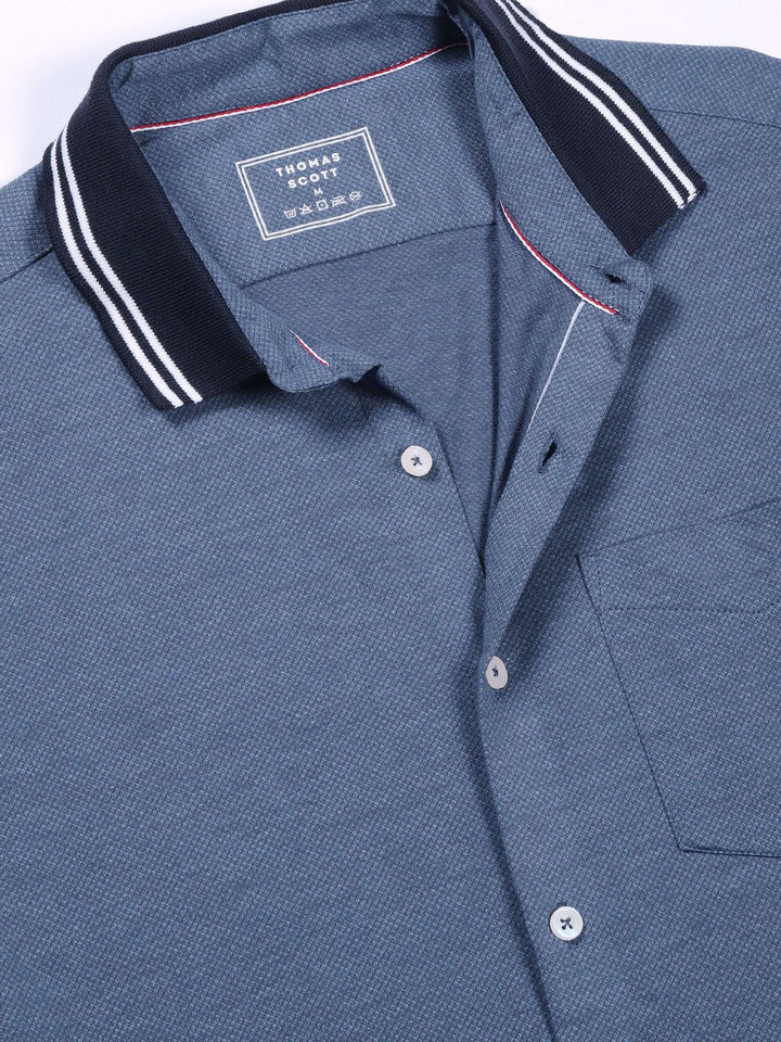 Thomas Scott Men Classic Slim Fit Spread Collar Solid Cotton Knitted Shirt