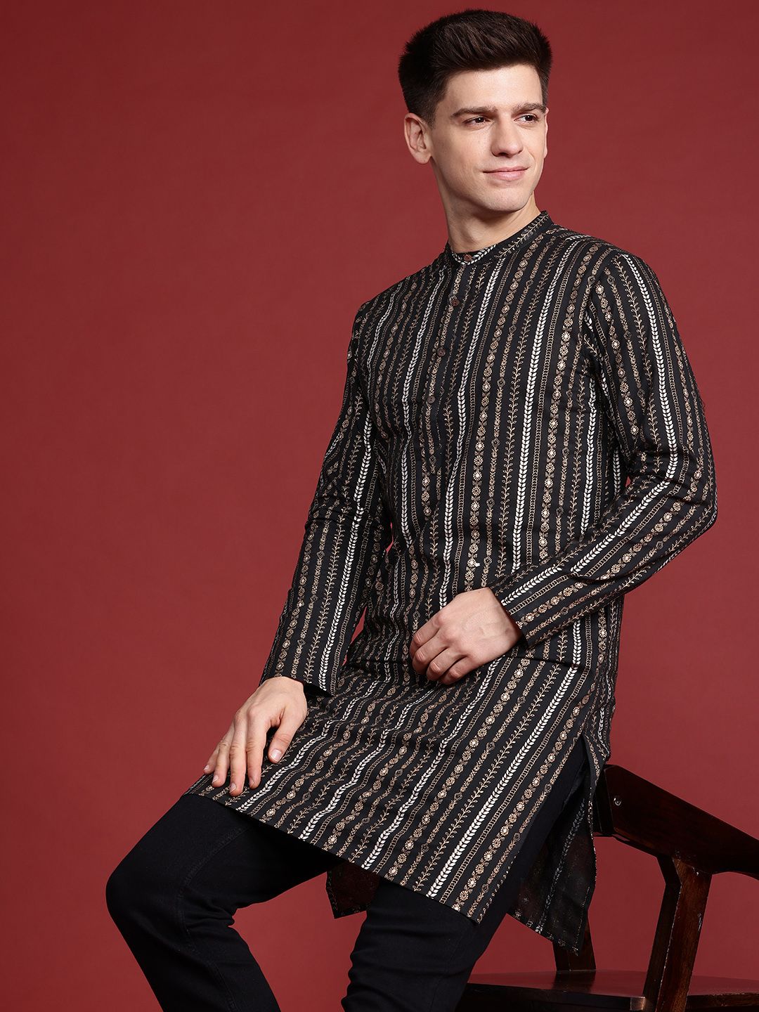 Anouk Foil Print Band Collar Kurta