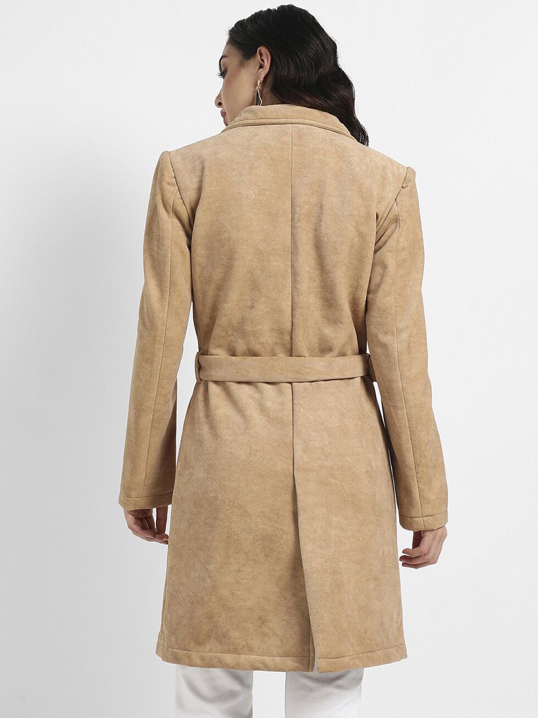 Campus Sutra Beige Single-Breasted Long OverCoat
