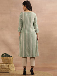 W Green Striped Round Neck Straight Kurta