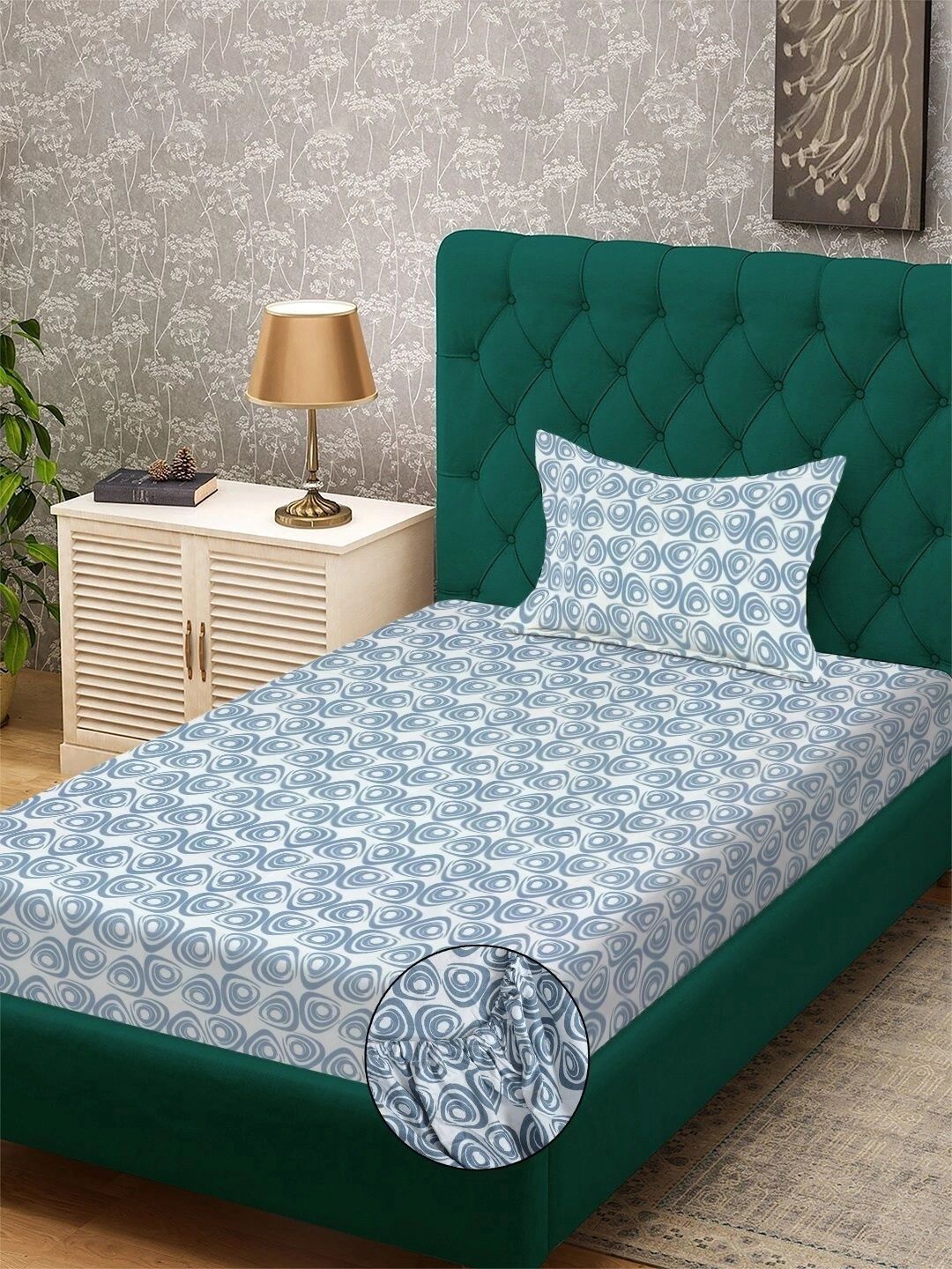 Myntra Elegant Homes Blue & White Geometric 300 TC Single Bedsheet with 1 Pillow Covers