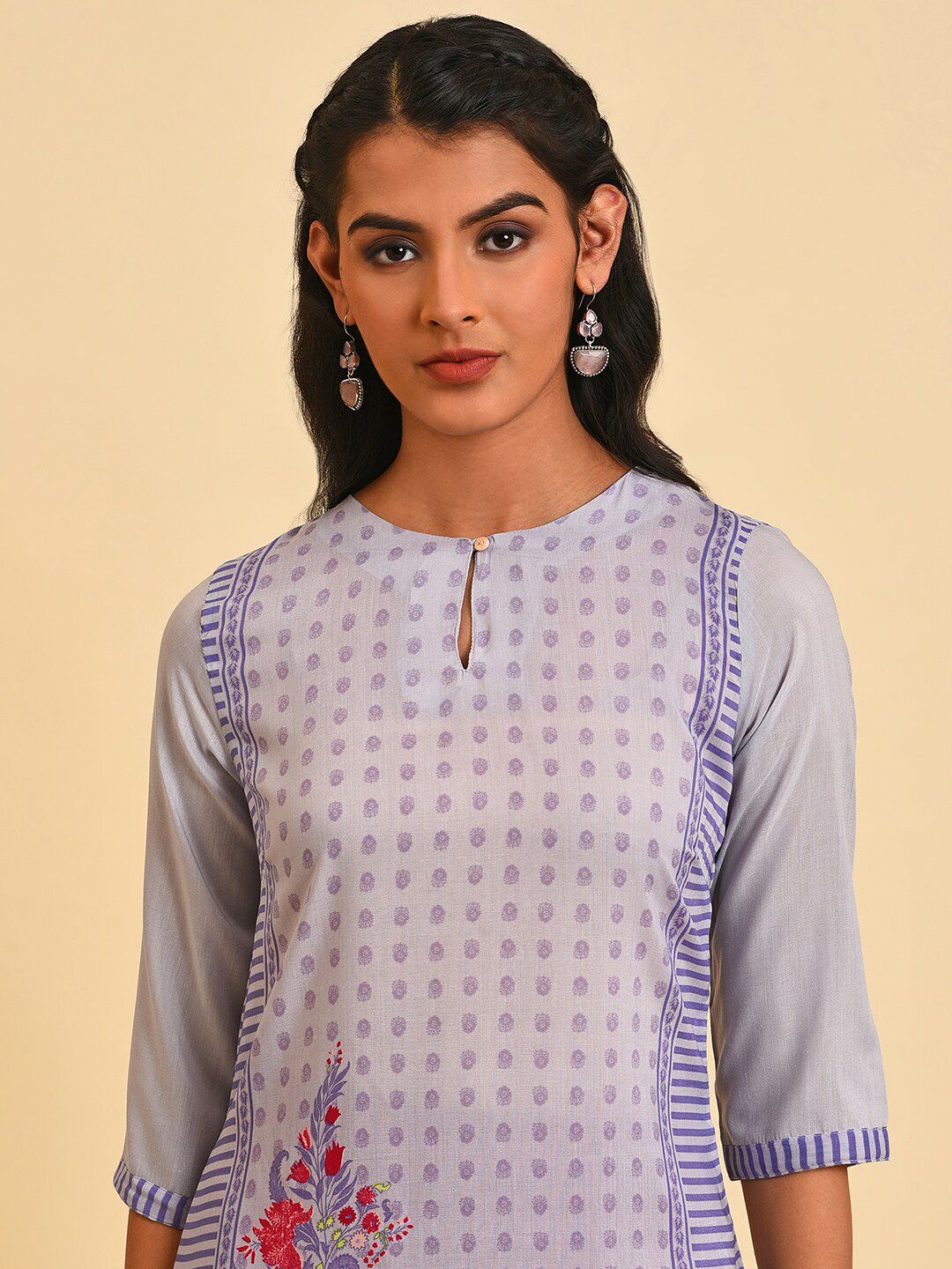 W Women Floral Print Silk Straight Kurta